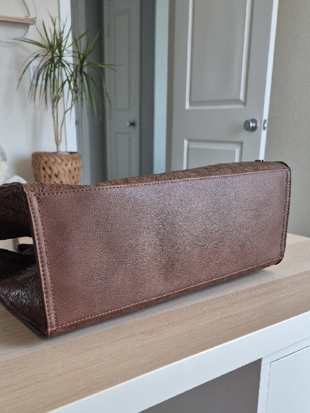 Lucky Brand Brown Floral Embossed Leather Satchel - Picture 8 of 12